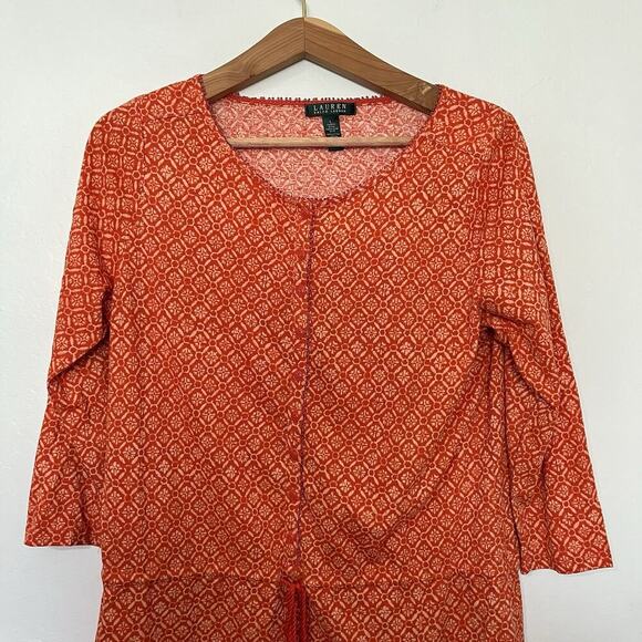 LRL Ralph Lauren Ikat Print Cotton Tunic Top Size L Orange Drawstring Waist Boho - Picture 6 of 6